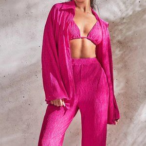Solid Plisse Crop Halter Top & Shirt & Wide Leg Pants 3pieces